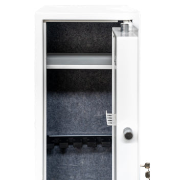Vapenskåp för 5 vapen 146 x 35 x 35 cm – skenhylla, EN 14450, vit