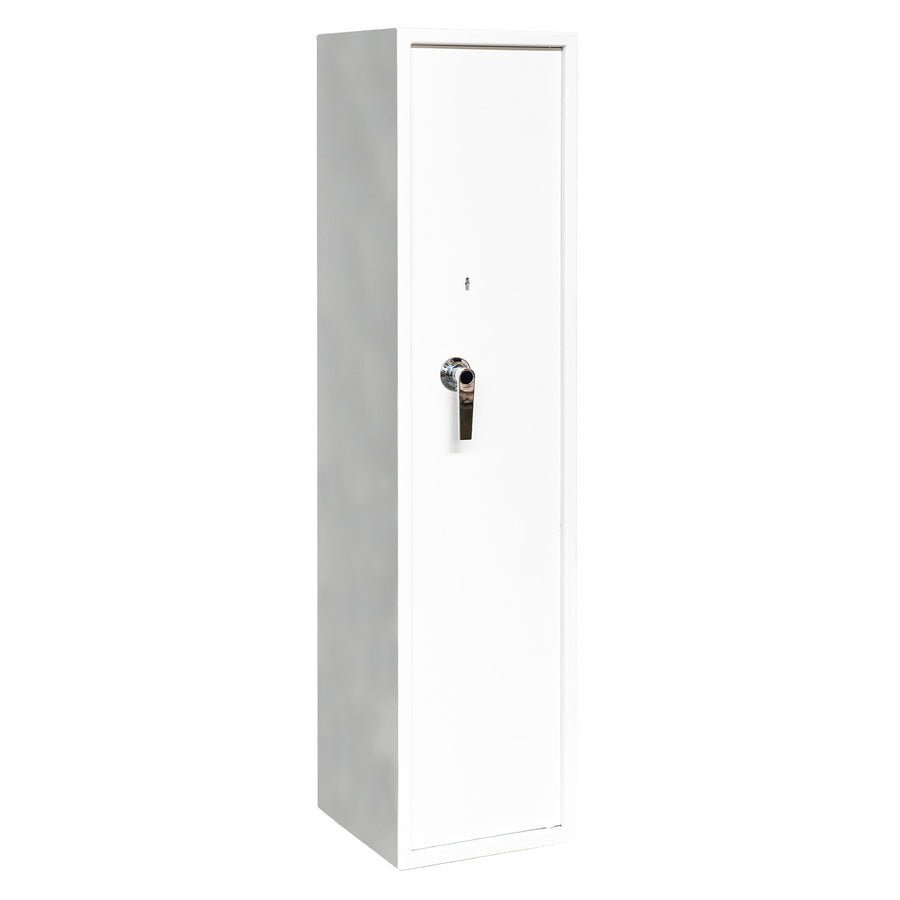 Asekaappi 5 aseelle 146 x 35 x 35 cm – kiskohylly, EN 14450, valkoinen