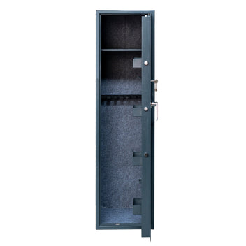 Asekaappi 7 aseelle 159 x 41 x 50 cm – EN 14450 S1, säädettävä hylly, harmaa