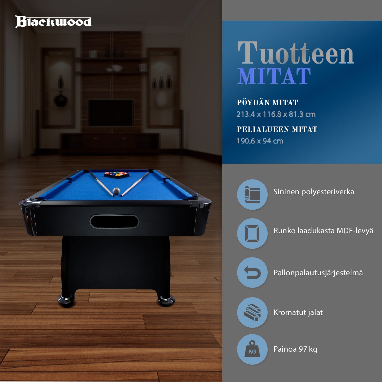 BLACKWOOD BILJARDIPÖYTÄ. 7' Official BLACK