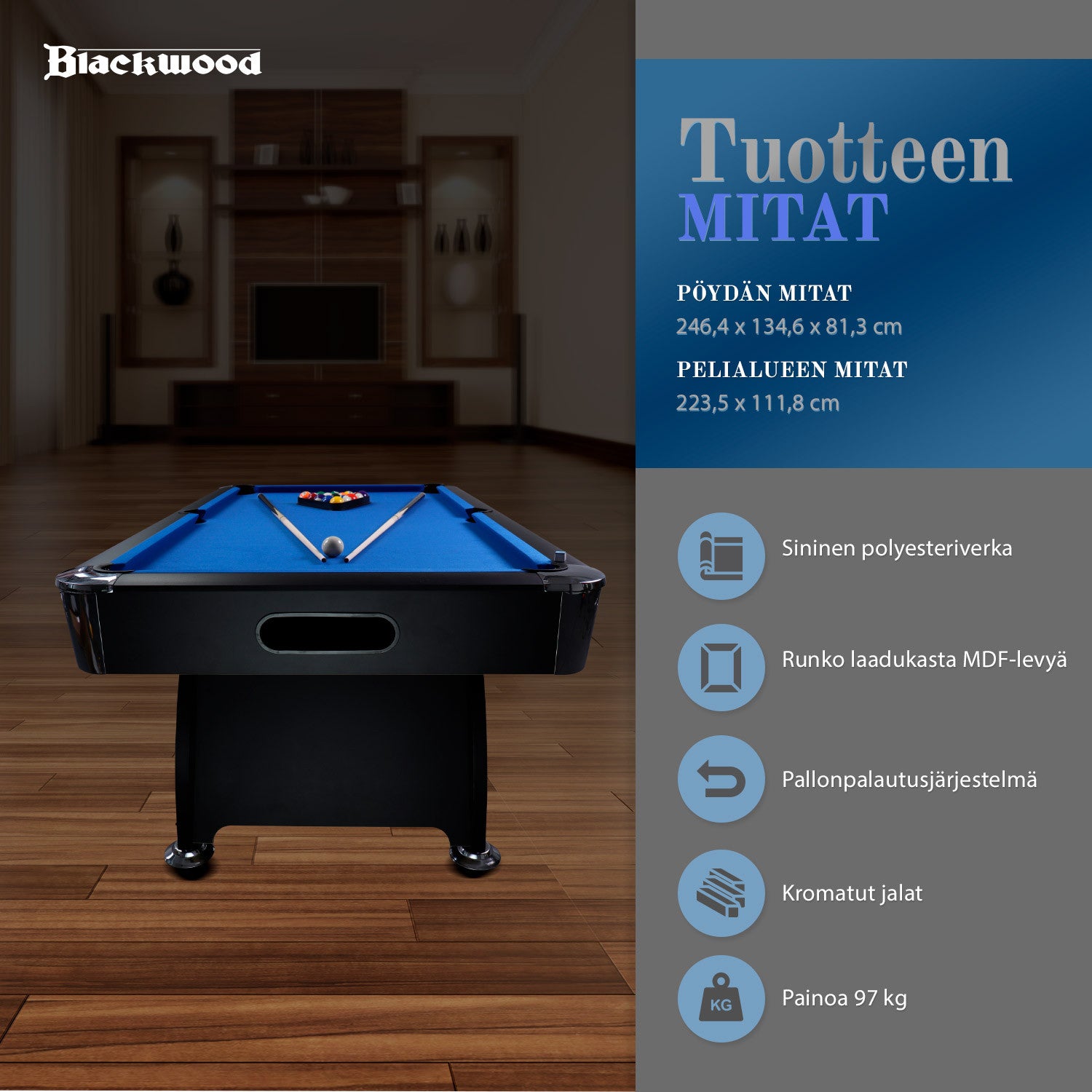 BLACKWOOD BILJARDIPÖYTÄ. 8' Official BLACK