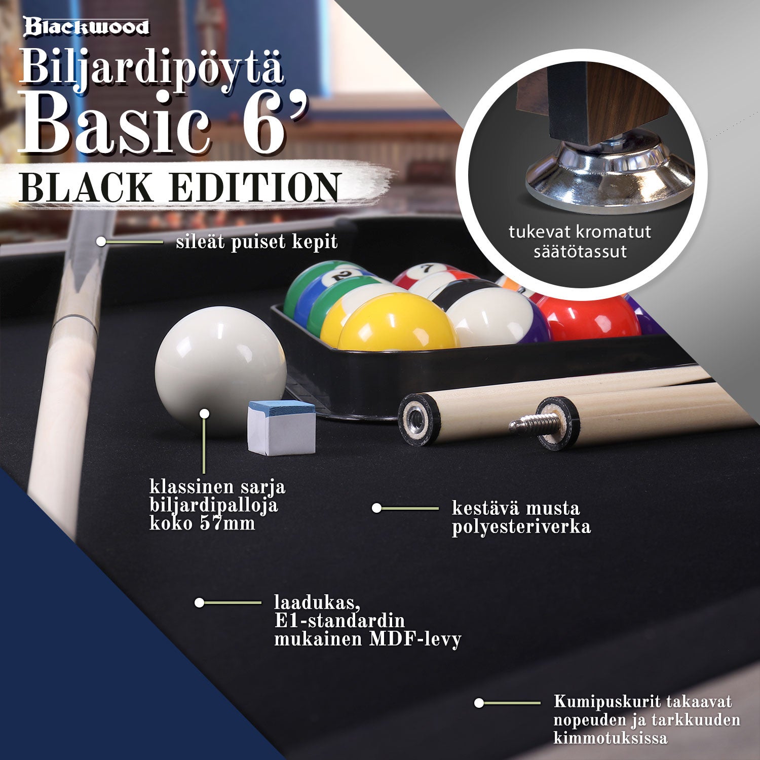 BLACKWOOD BILJARDIPÖYTÄ. BASIC 6' MUSTA