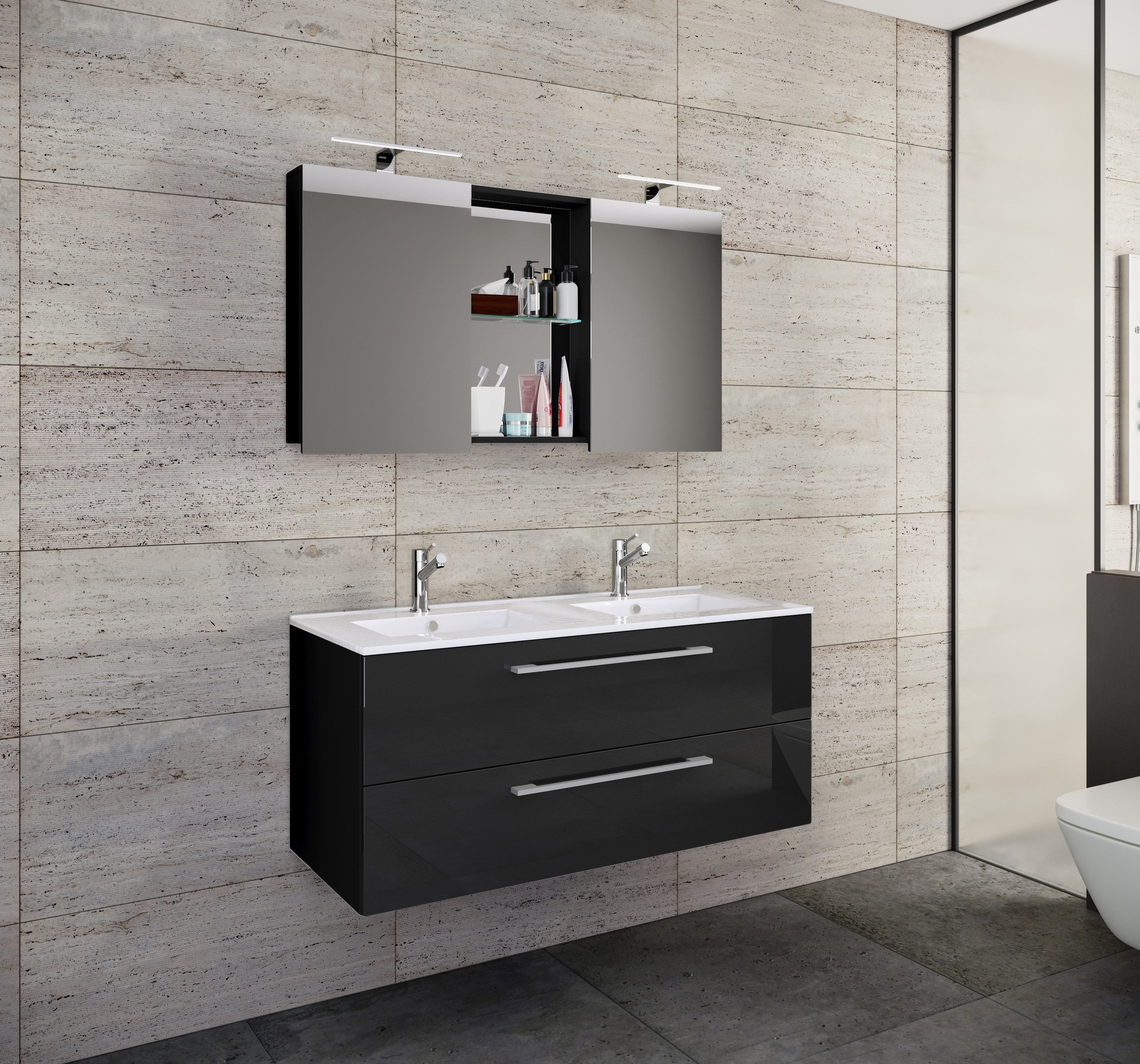 3-Osainen Pesuallas Budasi Peilikaapilla, musta