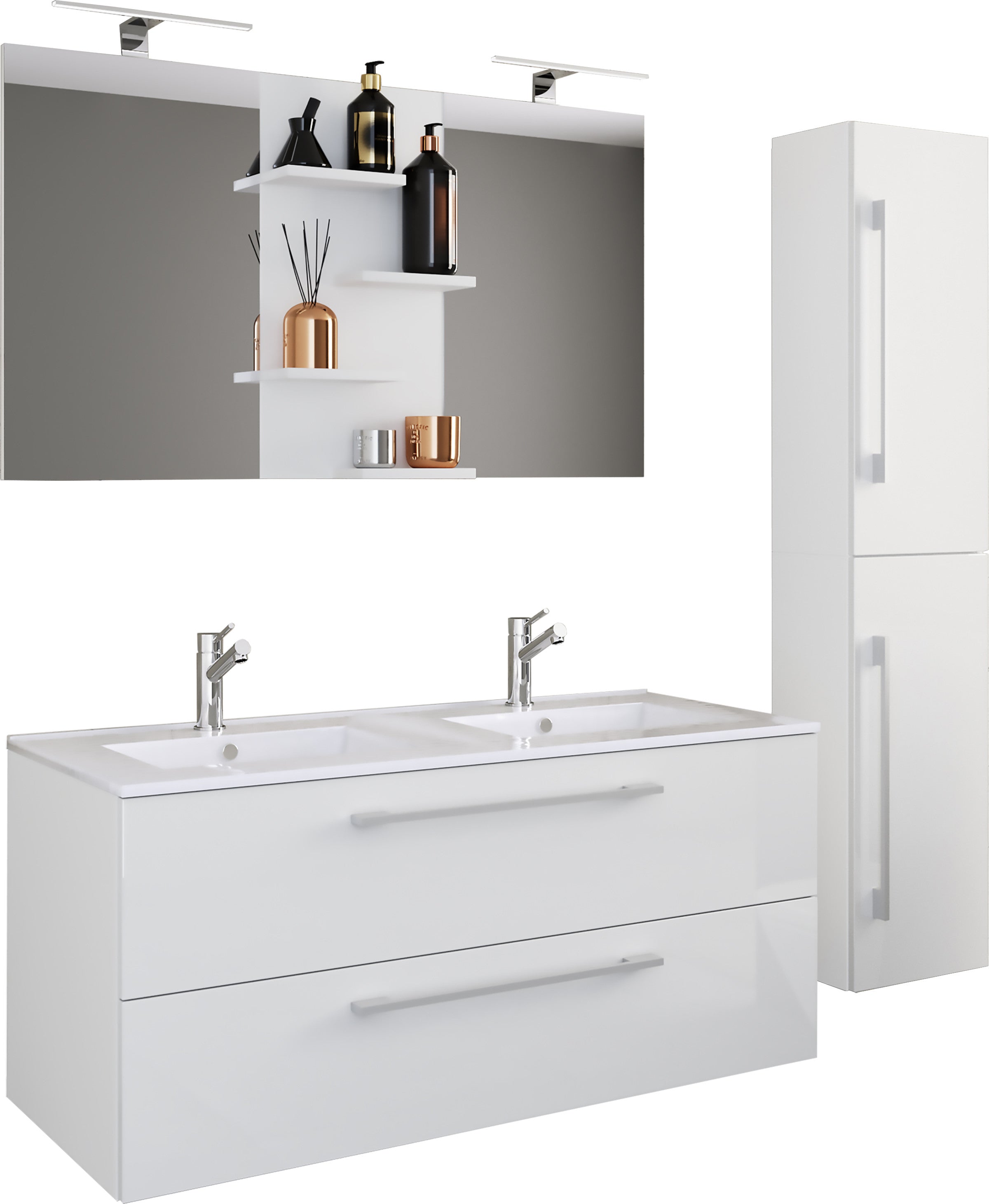 4-Osainen Pesuallas Budasi Peilillä Ja Korkealla Kaapilla, valkoinen