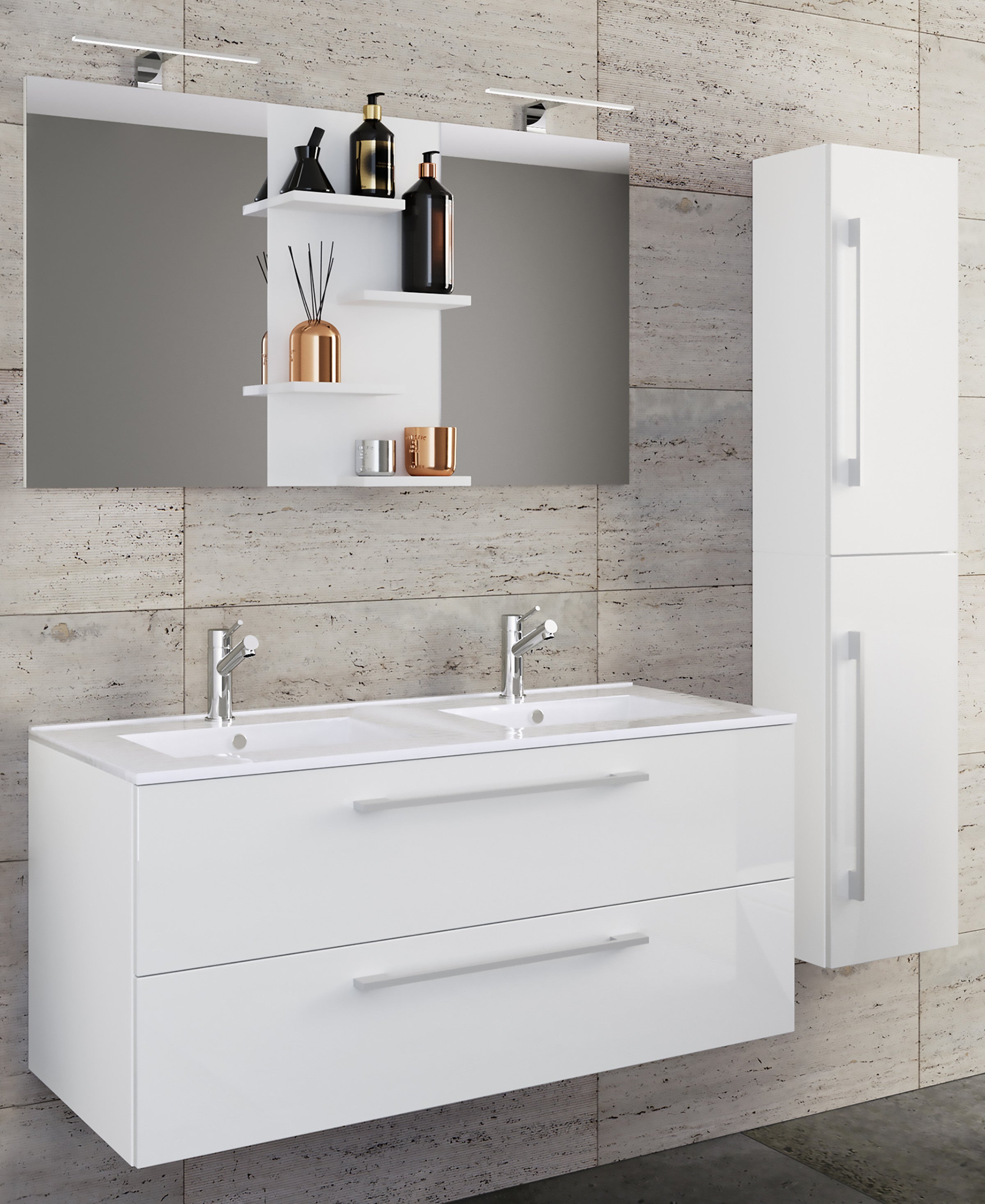 4-Osainen Pesuallas Budasi Peilillä Ja Korkealla Kaapilla, valkoinen