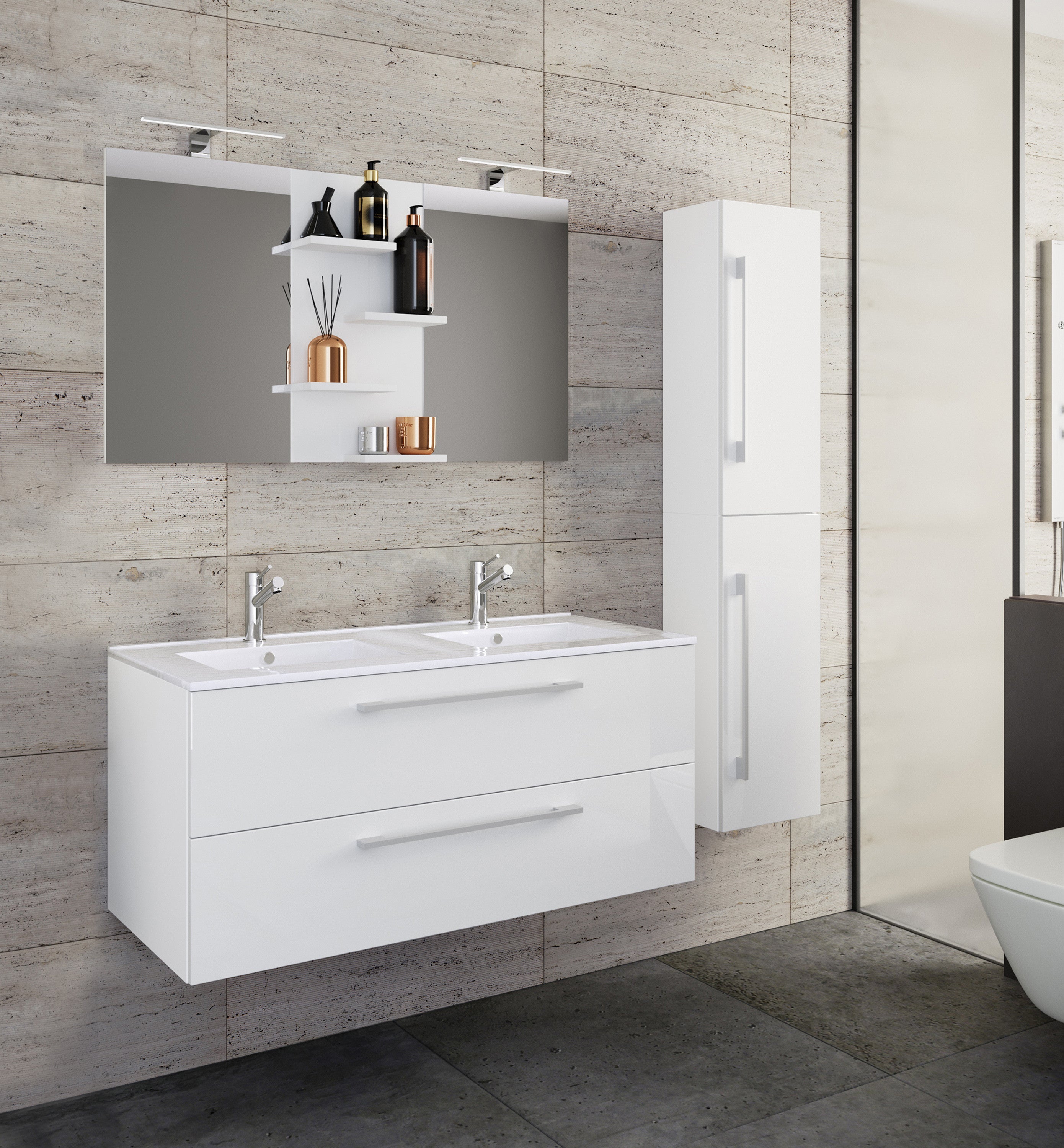 4-Osainen Pesuallas Budasi Peilillä Ja Korkealla Kaapilla, valkoinen