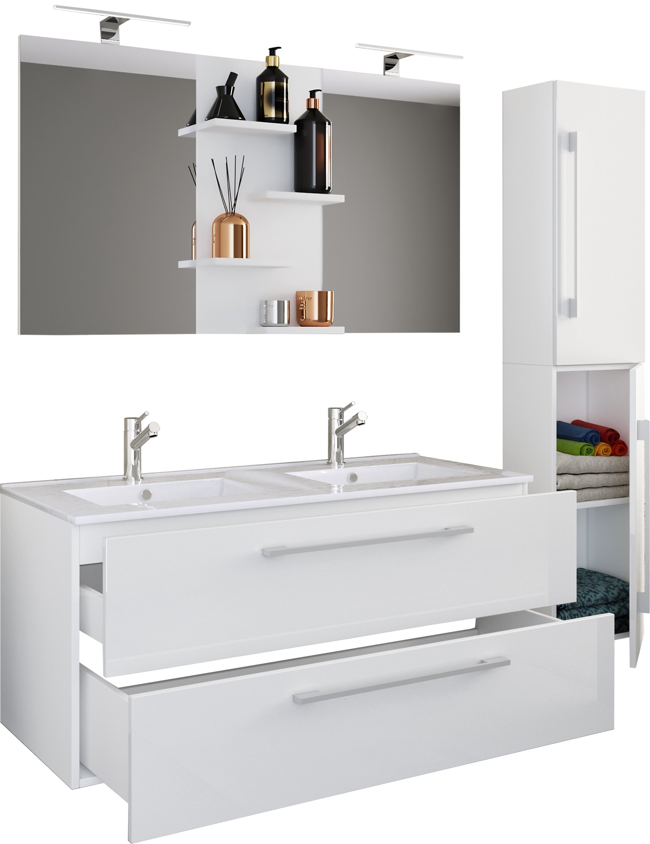 4-Osainen Pesuallas Budasi Peilillä Ja Korkealla Kaapilla, valkoinen