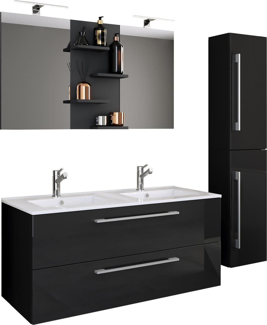 4-Osainen Pesuallas Budasi Peilillä Ja Korkealla Kaapilla, musta