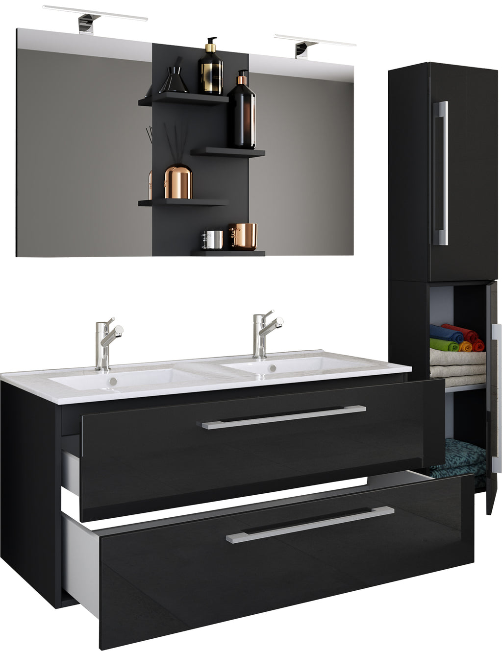 4-Osainen Pesuallas Budasi Peilillä Ja Korkealla Kaapilla, musta