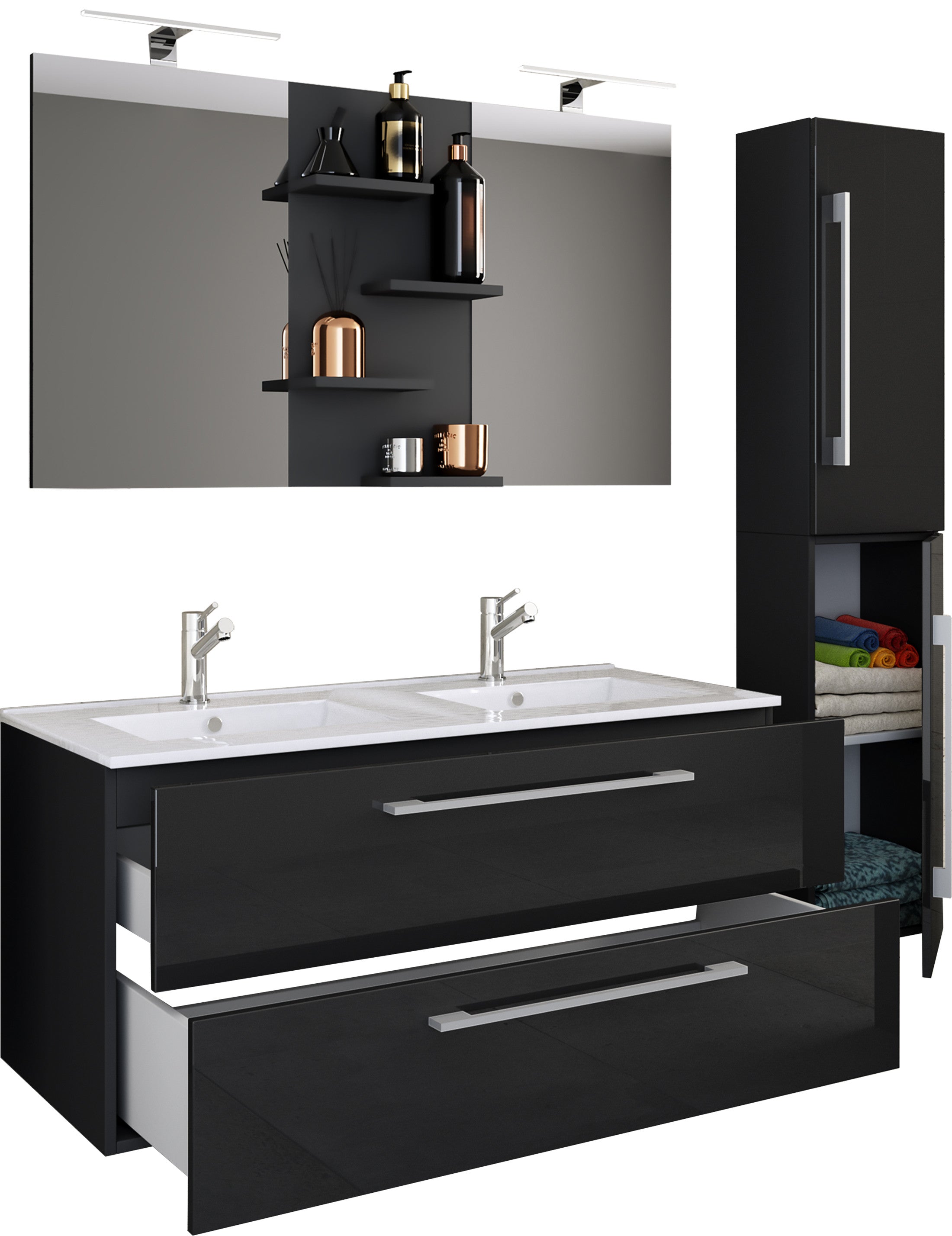 4-Osainen Pesuallas Budasi Peilillä Ja Korkealla Kaapilla, musta