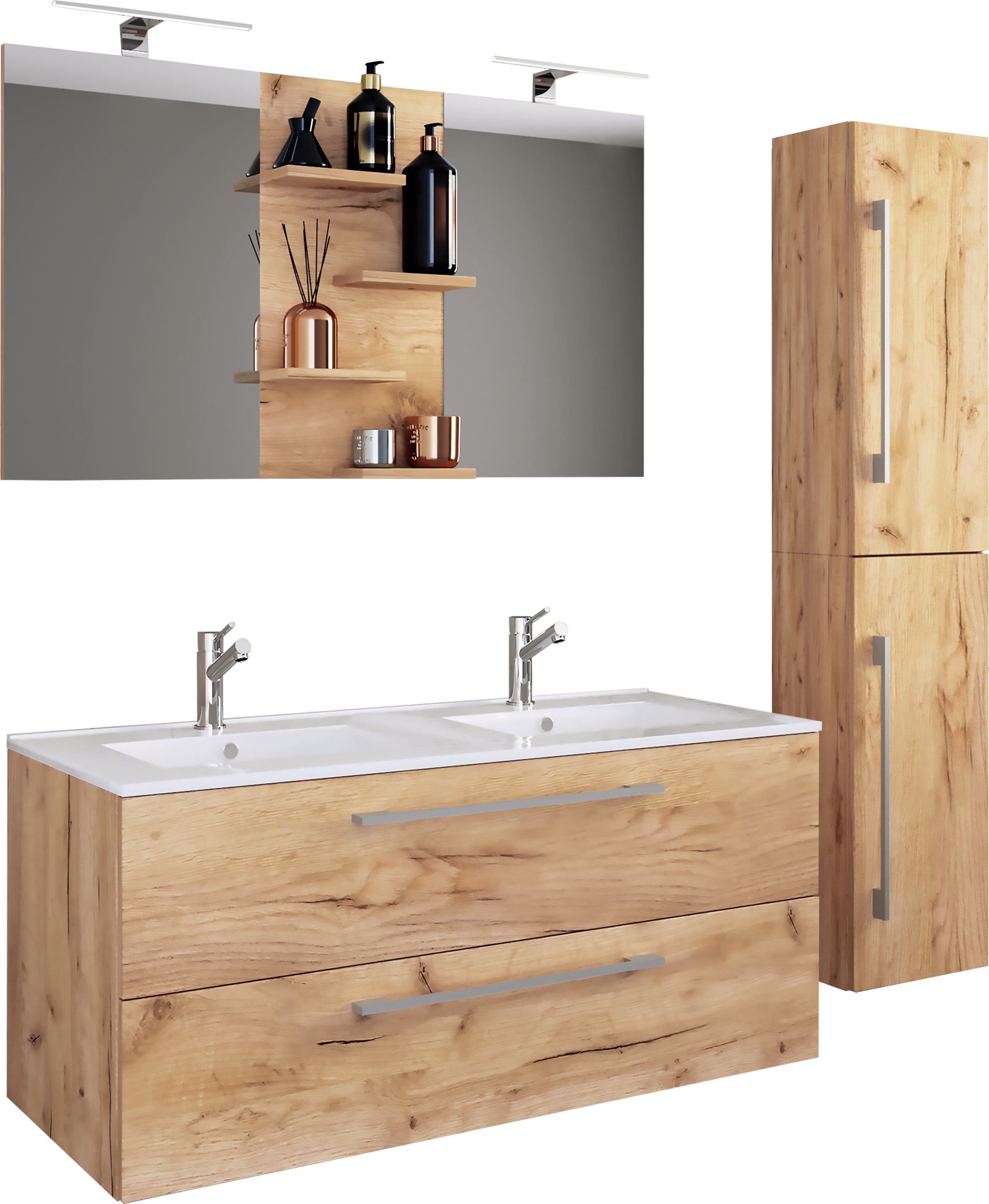 4-Osainen Pesuallas Budasi Peilillä Ja Korkealla Kaapilla, puu