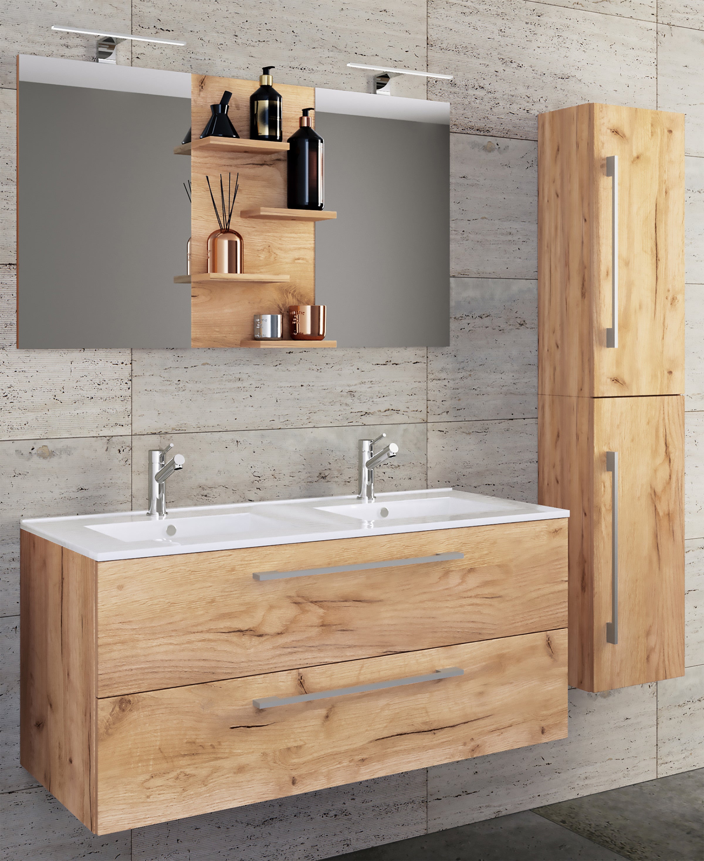 4-Osainen Pesuallas Budasi Peilillä Ja Korkealla Kaapilla, puu