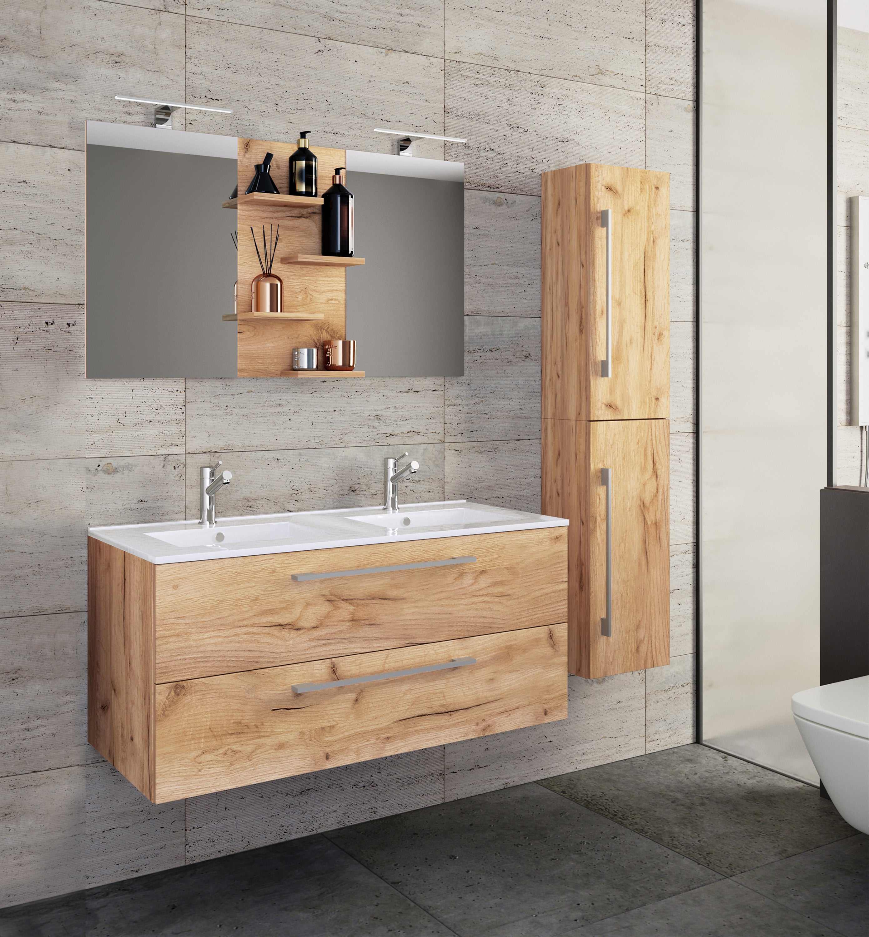 4-Osainen Pesuallas Budasi Peilillä Ja Korkealla Kaapilla, puu