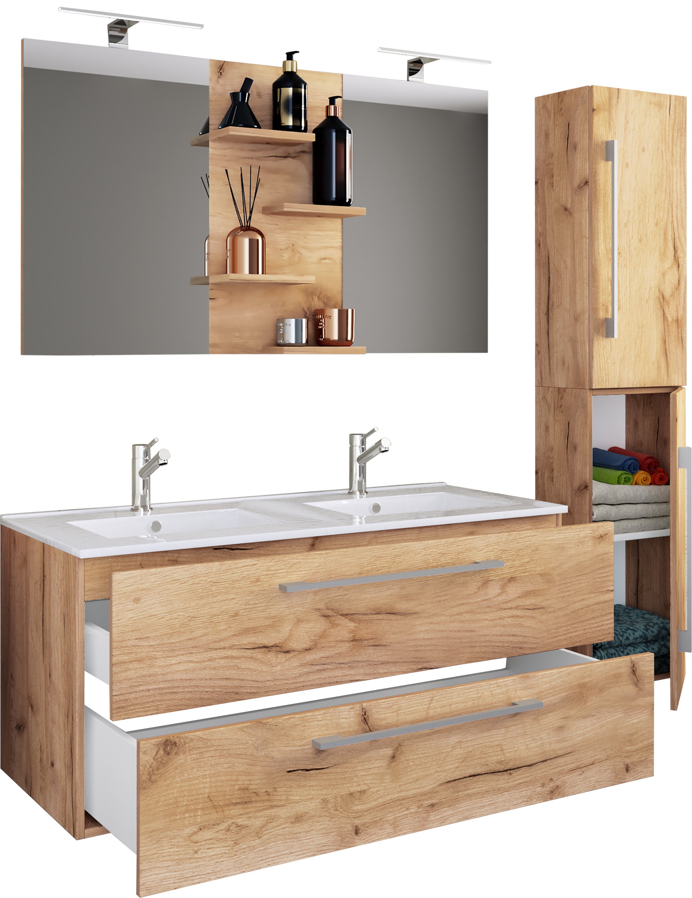 4-Osainen Pesuallas Budasi Peilillä Ja Korkealla Kaapilla, puu