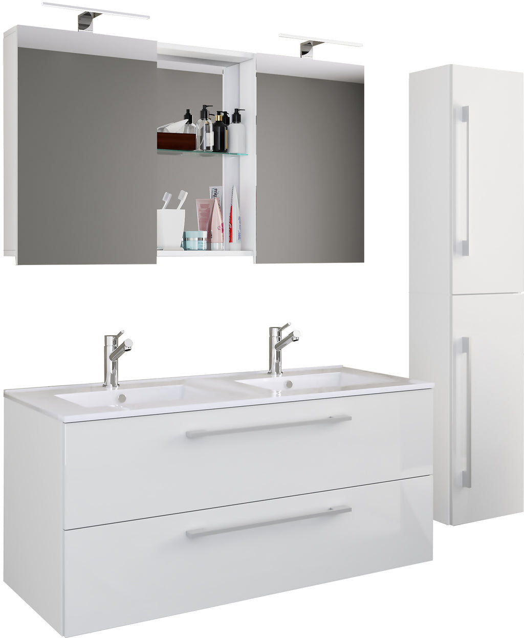 4-Osainen Pesuallas Budasi Peilikaapilla Ja Korkealla Kaapilla, valkoinen