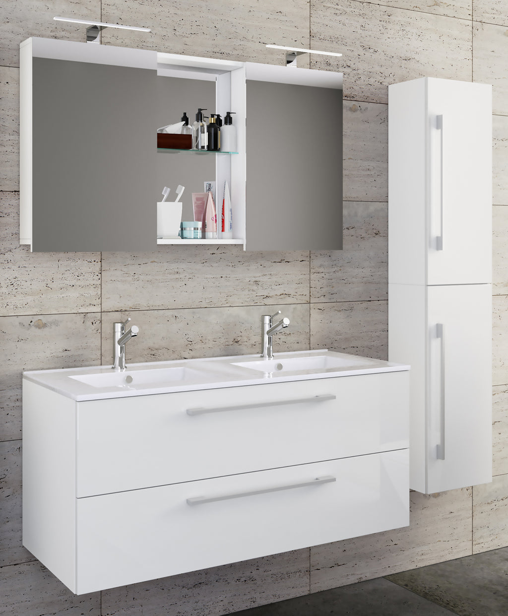 4-Osainen Pesuallas Budasi Peilikaapilla Ja Korkealla Kaapilla, valkoinen