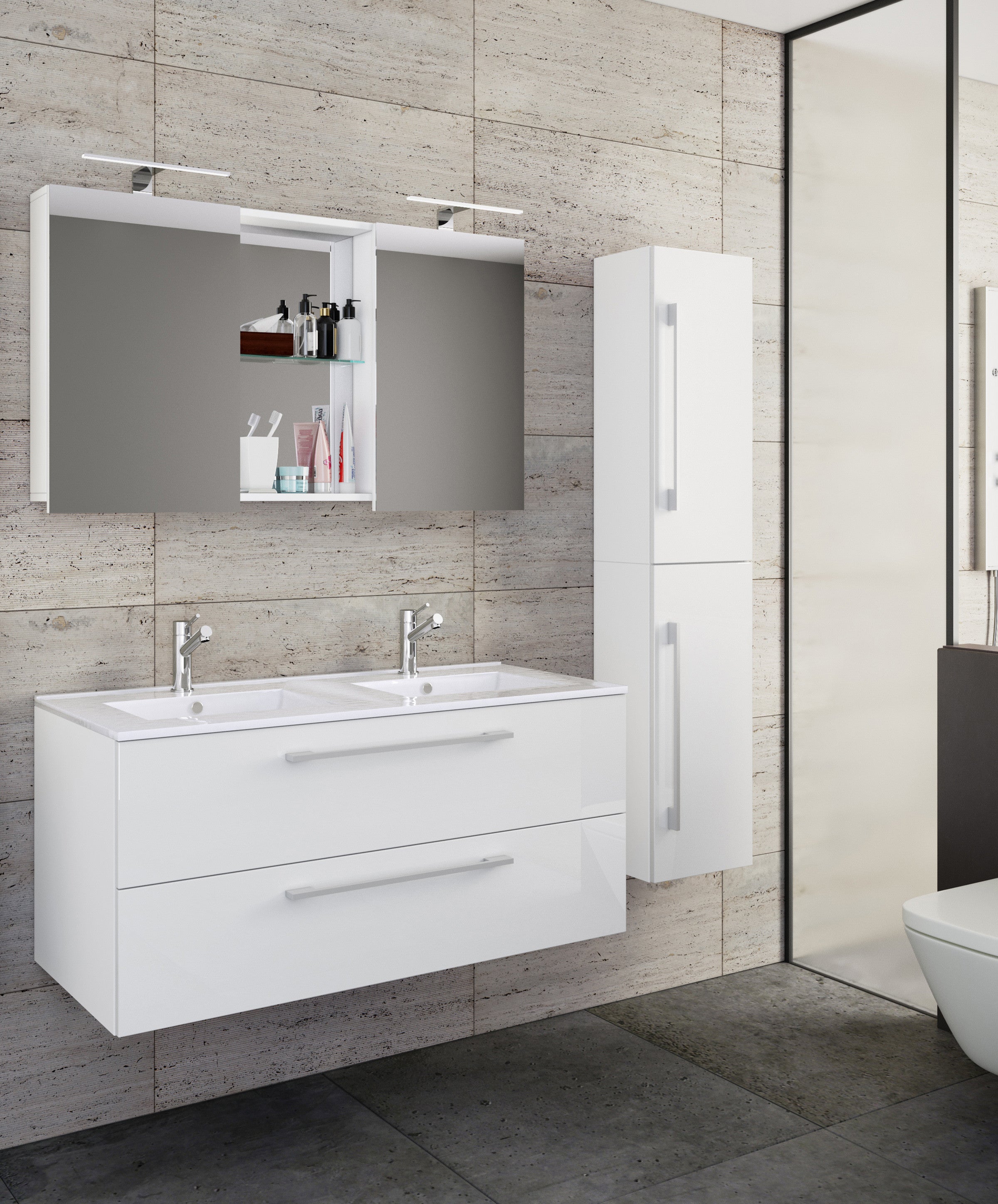 4-Osainen Pesuallas Budasi Peilikaapilla Ja Korkealla Kaapilla, valkoinen