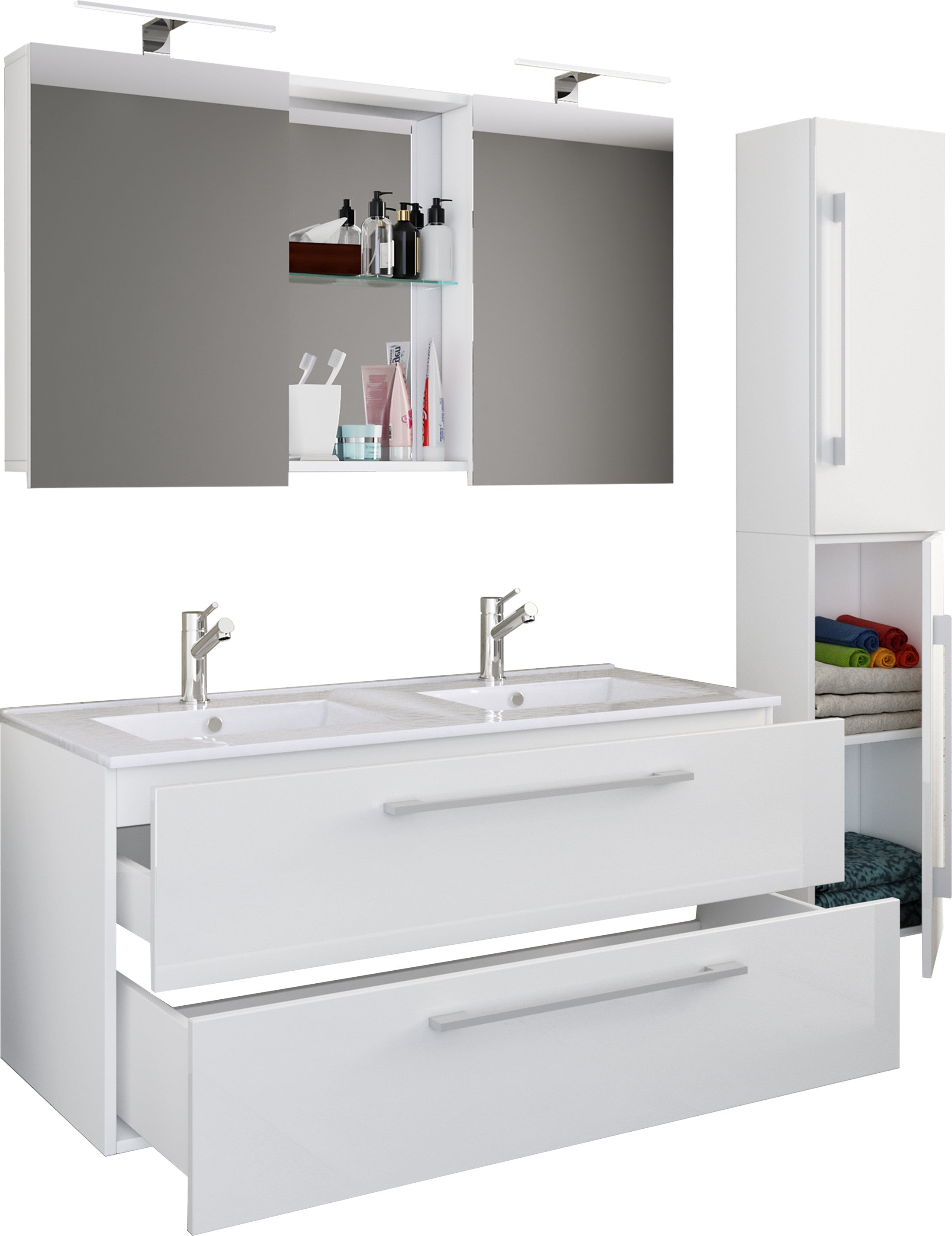 4-Osainen Pesuallas Budasi Peilikaapilla Ja Korkealla Kaapilla, valkoinen