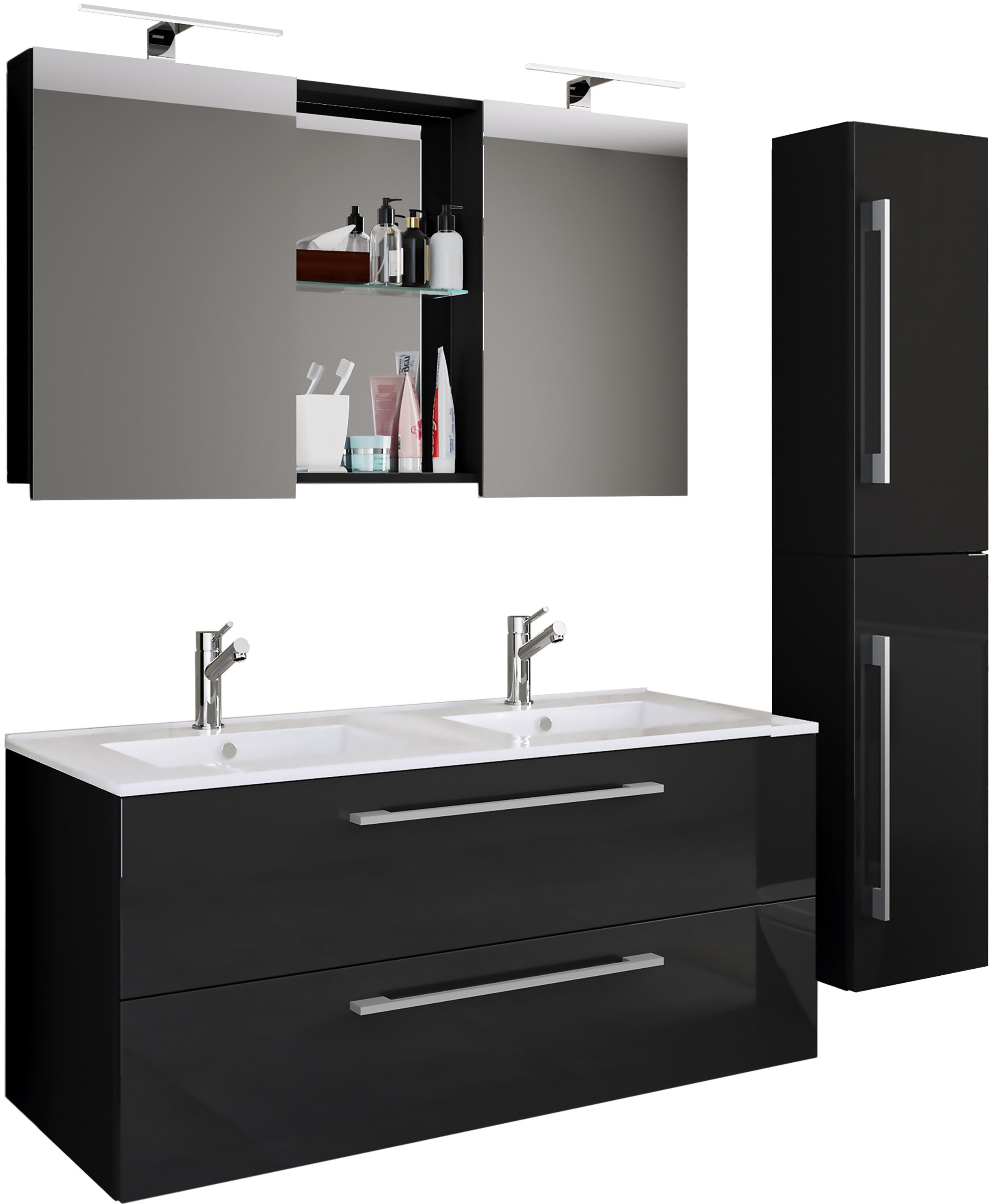 4-Osainen Pesuallas Budasi Peilikaapilla Ja Korkealla Kaapilla, musta