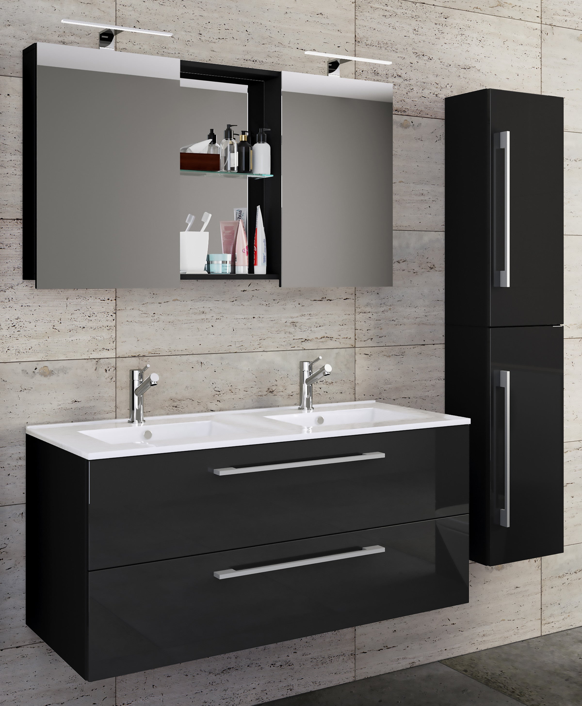 4-Osainen Pesuallas Budasi Peilikaapilla Ja Korkealla Kaapilla, musta