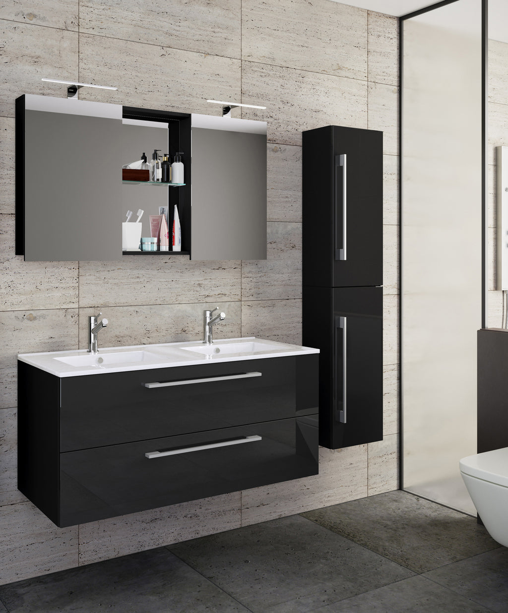 4-Osainen Pesuallas Budasi Peilikaapilla Ja Korkealla Kaapilla, musta