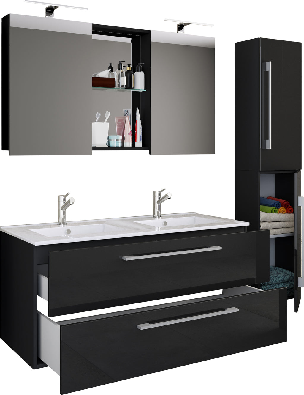 4-Osainen Pesuallas Budasi Peilikaapilla Ja Korkealla Kaapilla, musta