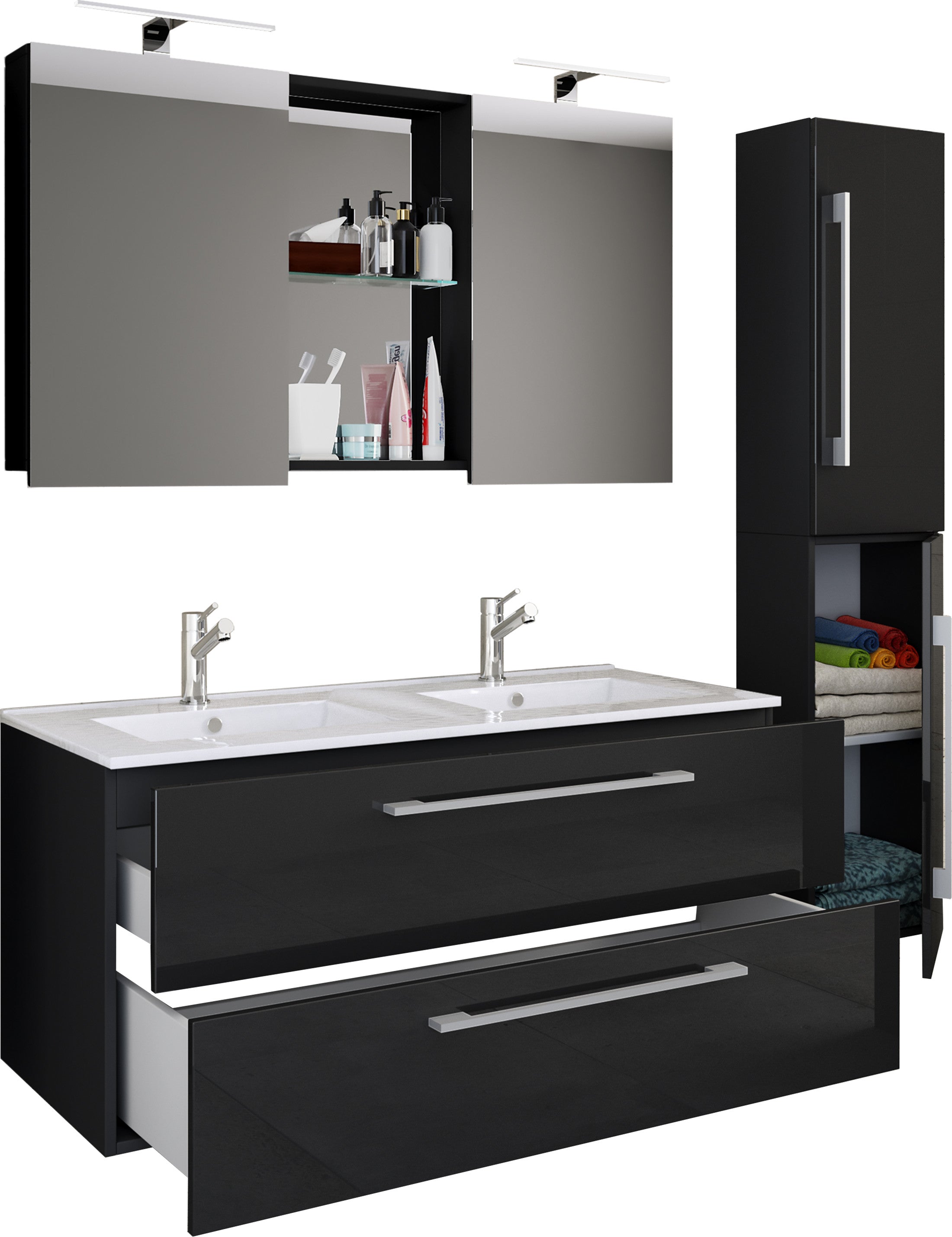 4-Osainen Pesuallas Budasi Peilikaapilla Ja Korkealla Kaapilla, musta