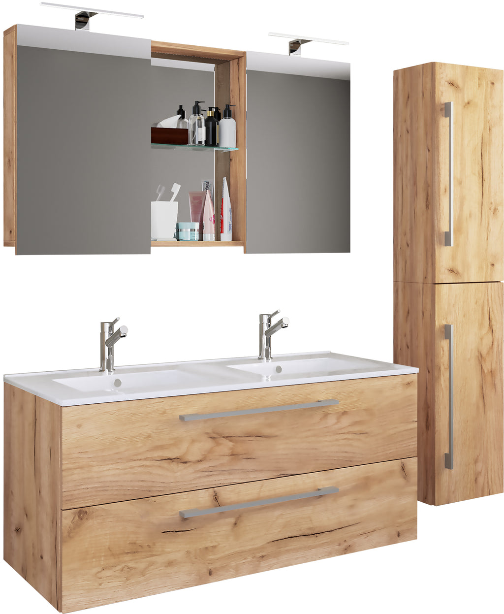 4-Osainen Pesuallas Budasi Peilikaapilla Ja Korkealla Kaapilla, puu