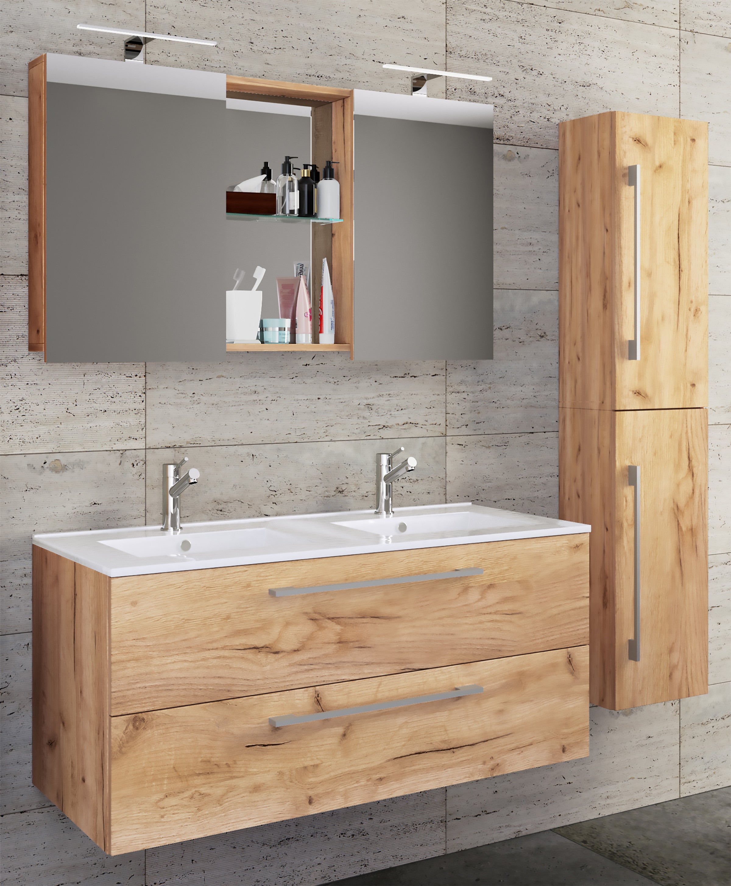 4-Osainen Pesuallas Budasi Peilikaapilla Ja Korkealla Kaapilla, puu