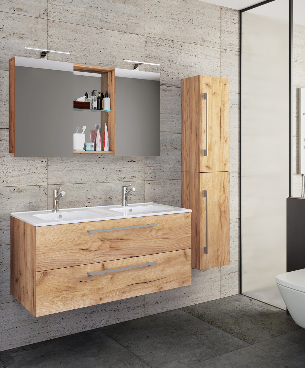 4-Osainen Pesuallas Budasi Peilikaapilla Ja Korkealla Kaapilla, puu