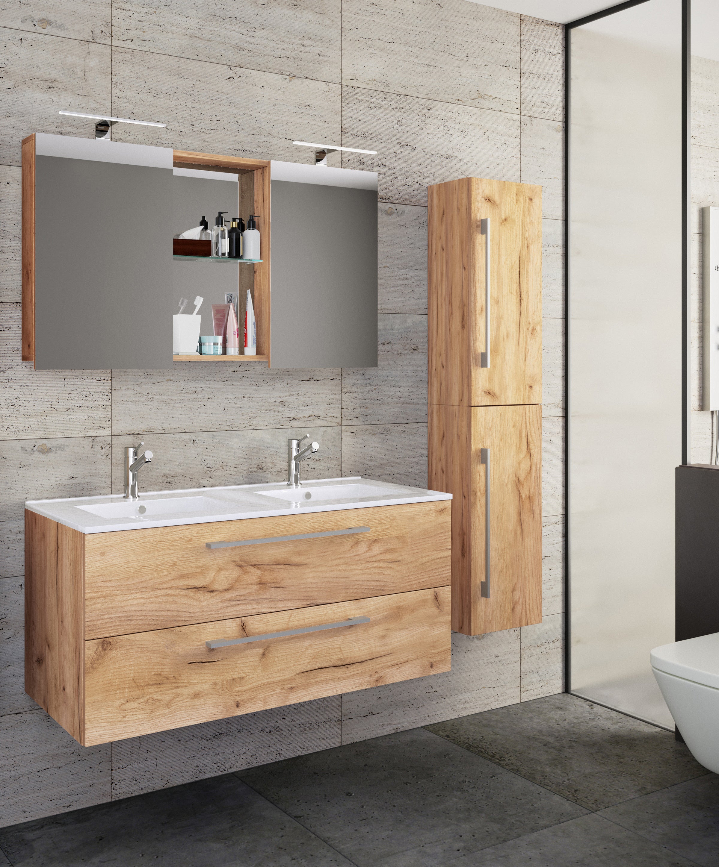 4-Osainen Pesuallas Budasi Peilikaapilla Ja Korkealla Kaapilla, puu