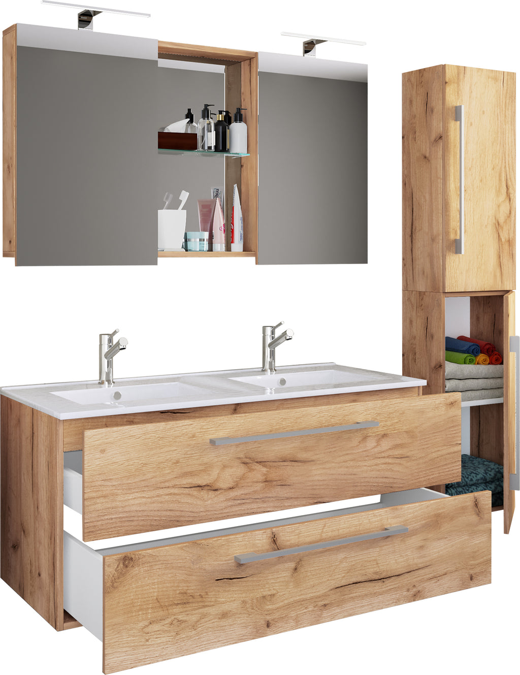 4-Osainen Pesuallas Budasi Peilikaapilla Ja Korkealla Kaapilla, puu