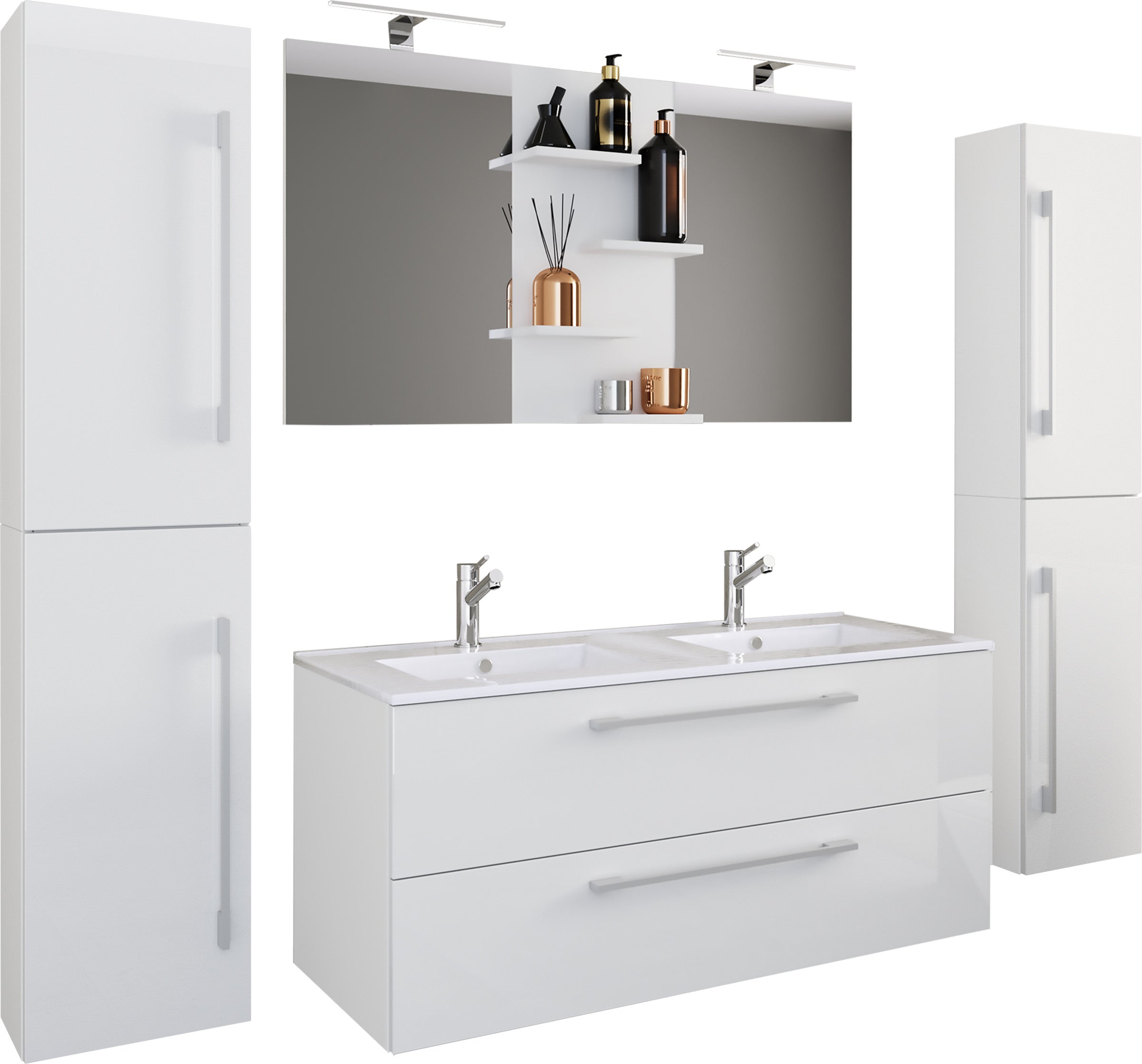 5-piece Pesuallas Budasi Peilillä Ja 2 Korkealla Kaapilla, valkoinen