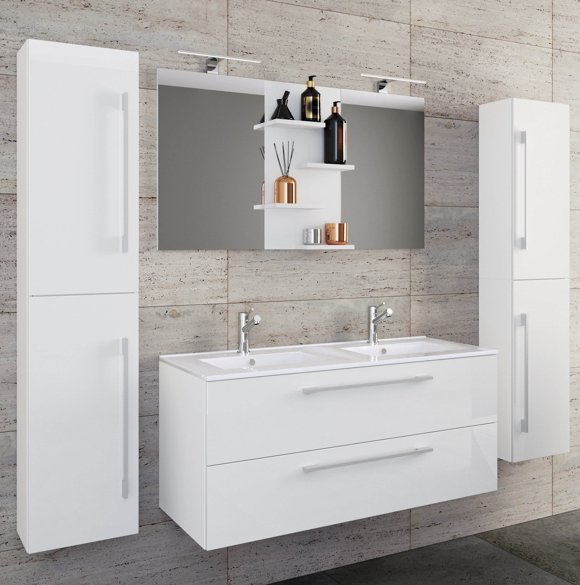 5-piece Pesuallas Budasi Peilillä Ja 2 Korkealla Kaapilla, valkoinen