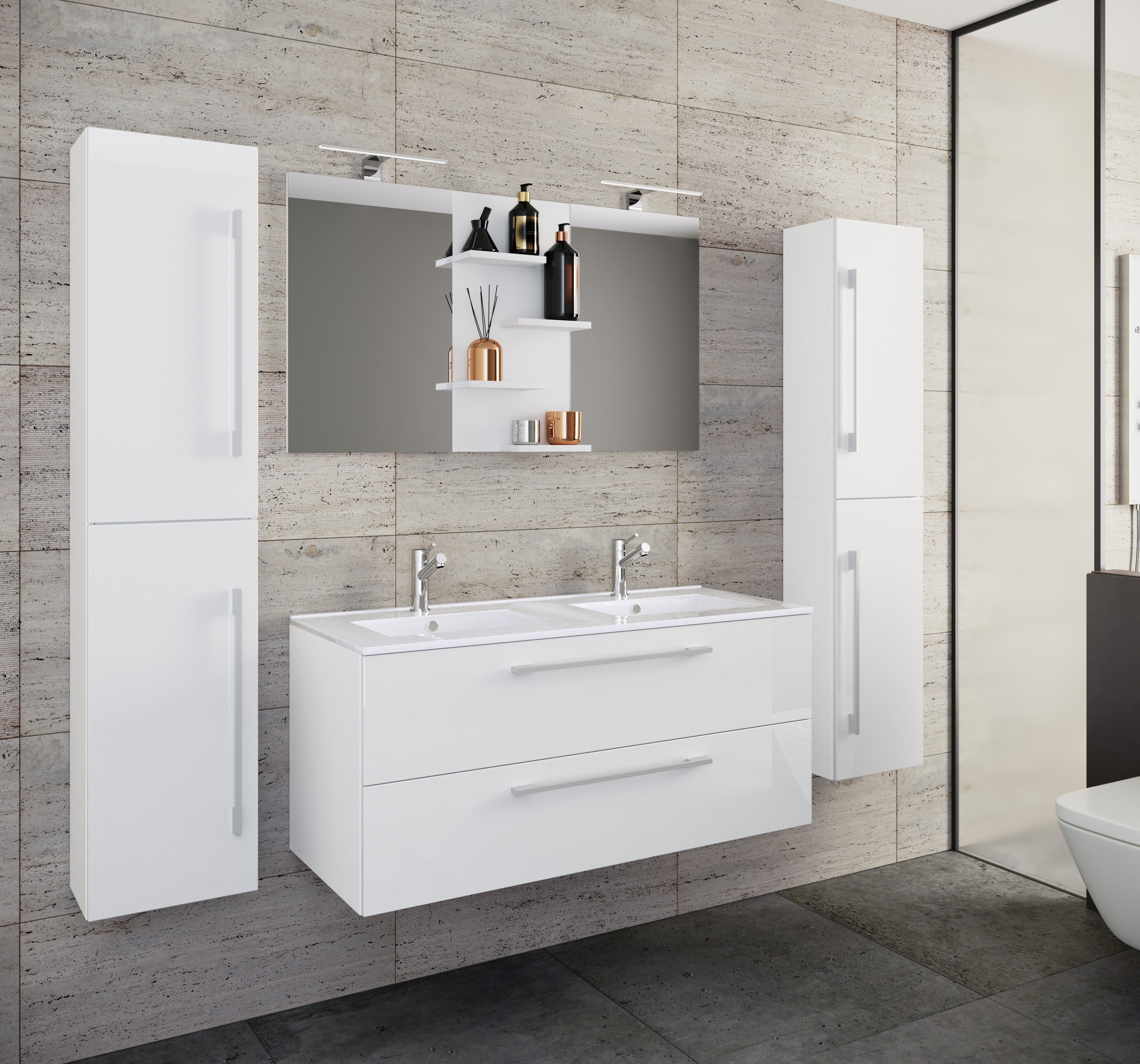 5-piece Pesuallas Budasi Peilillä Ja 2 Korkealla Kaapilla, valkoinen