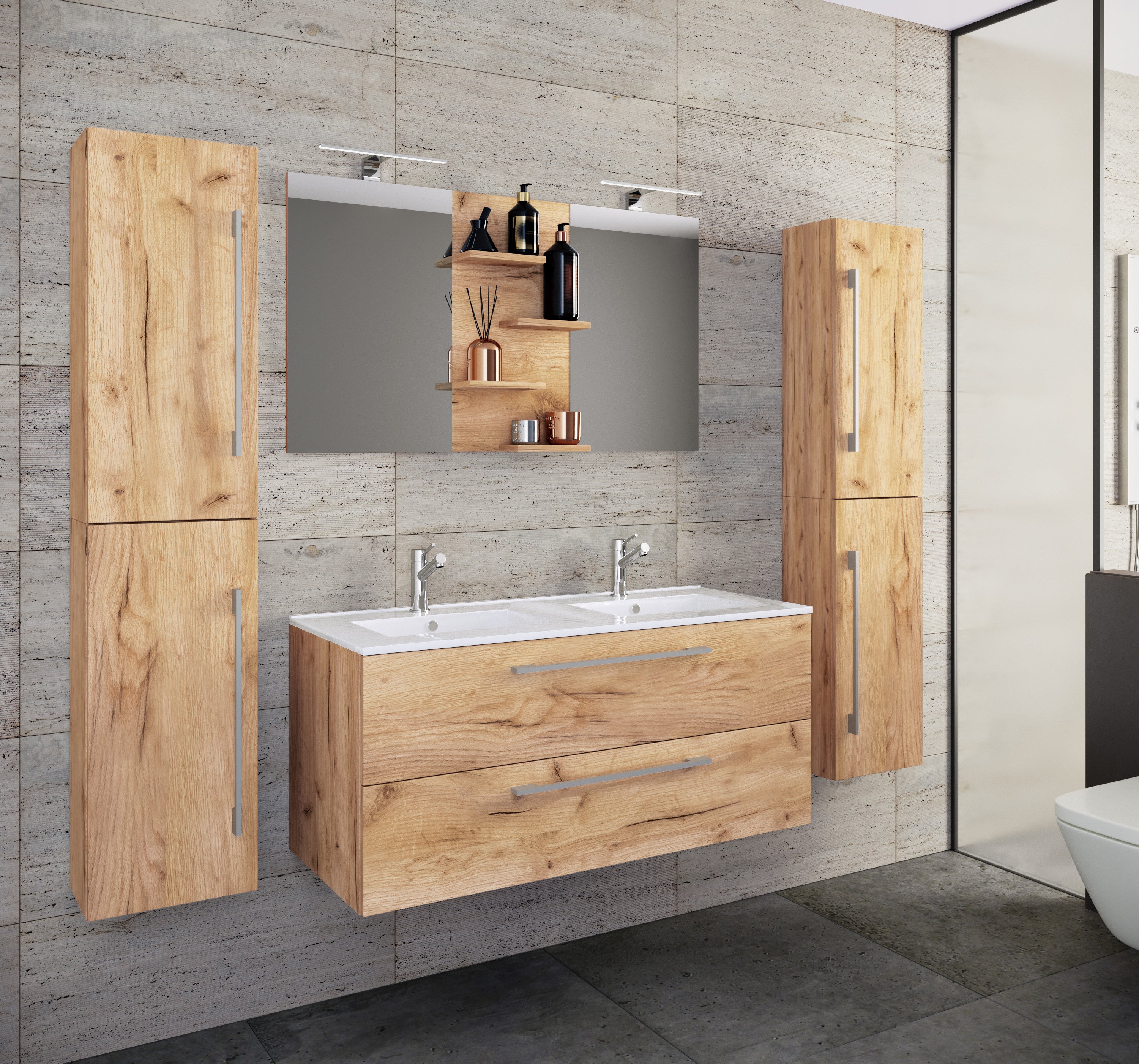 5-piece Pesuallas Budasi Peilillä Ja 2 Korkealla Kaapilla, puu