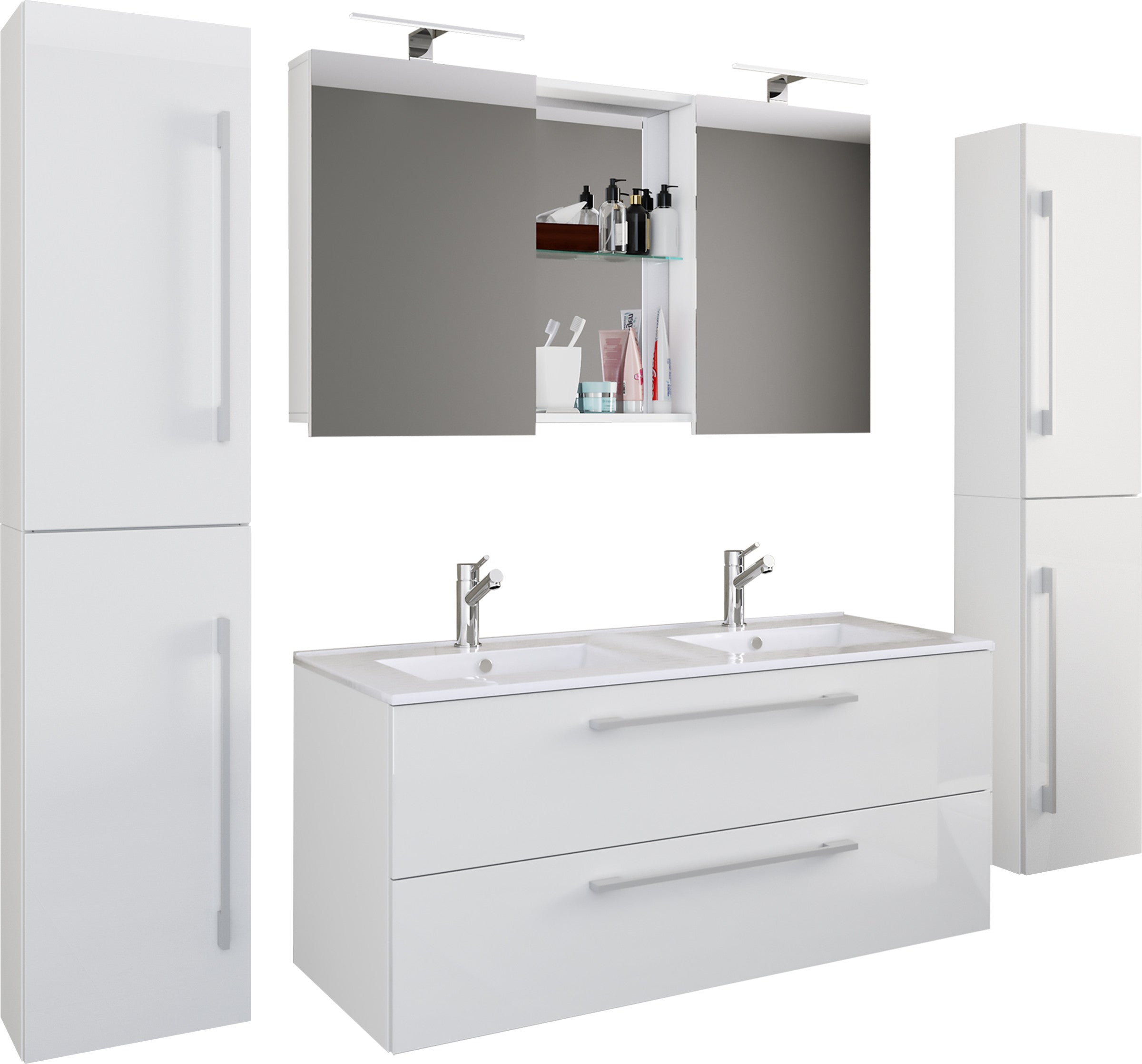 5-osainen Pesuallassetti Budasi Peilikaapilla Ja 2 Korkealla Kaapilla, valkoinen