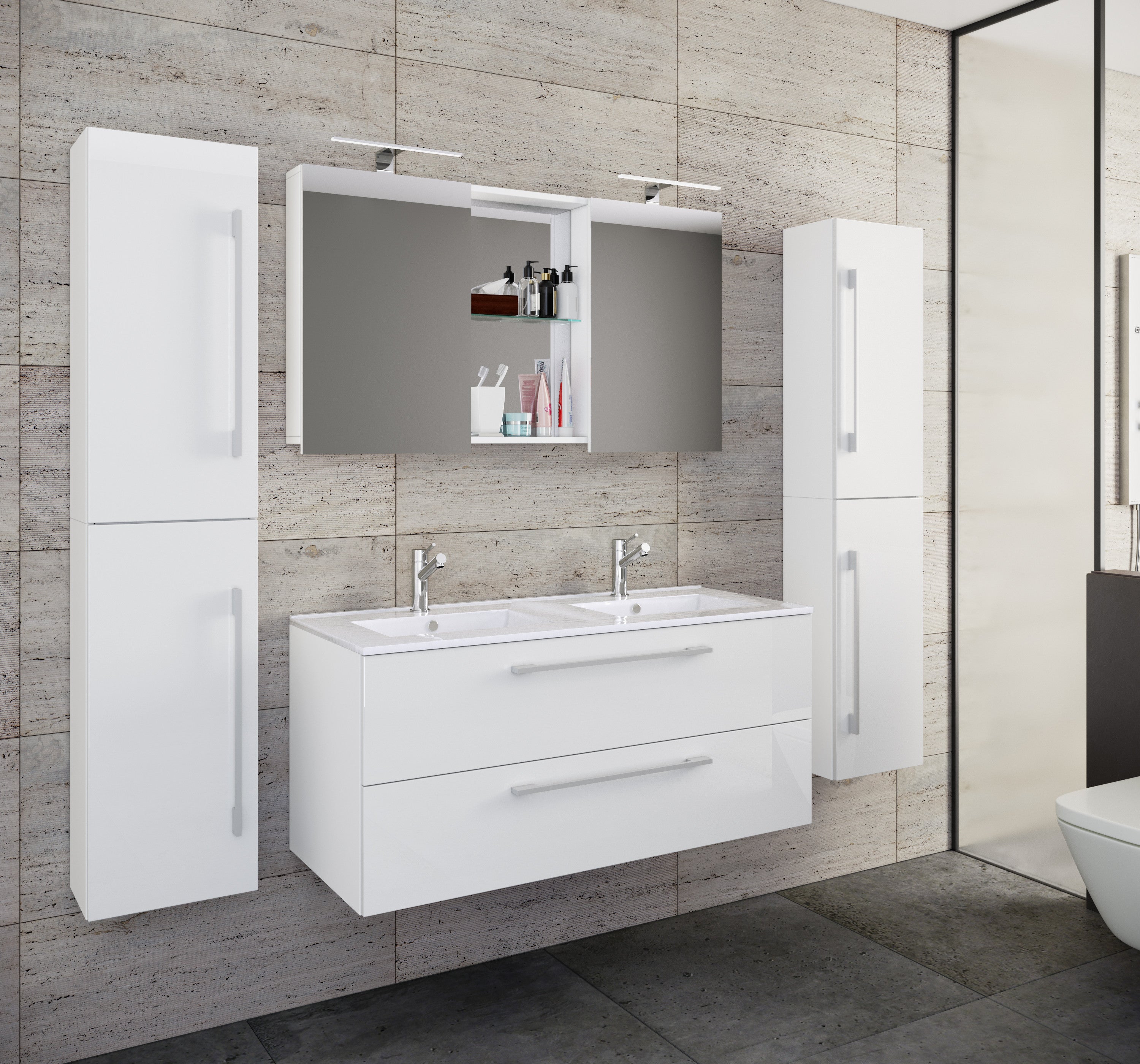 5-osainen Pesuallassetti Budasi Peilikaapilla Ja 2 Korkealla Kaapilla, valkoinen