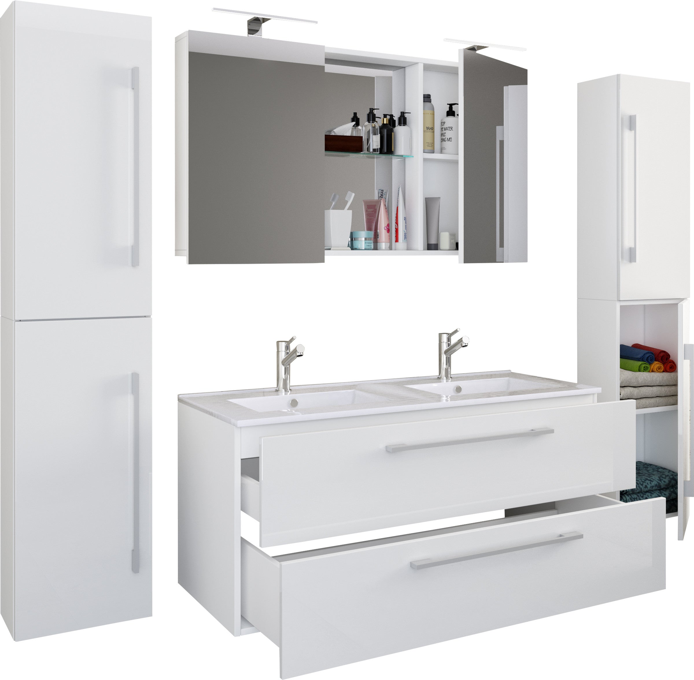 5-osainen Pesuallassetti Budasi Peilikaapilla Ja 2 Korkealla Kaapilla, valkoinen