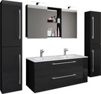 5-osainen Pesuallassetti Budasi Peilikaapilla Ja 2 Korkealla Kaapilla, musta