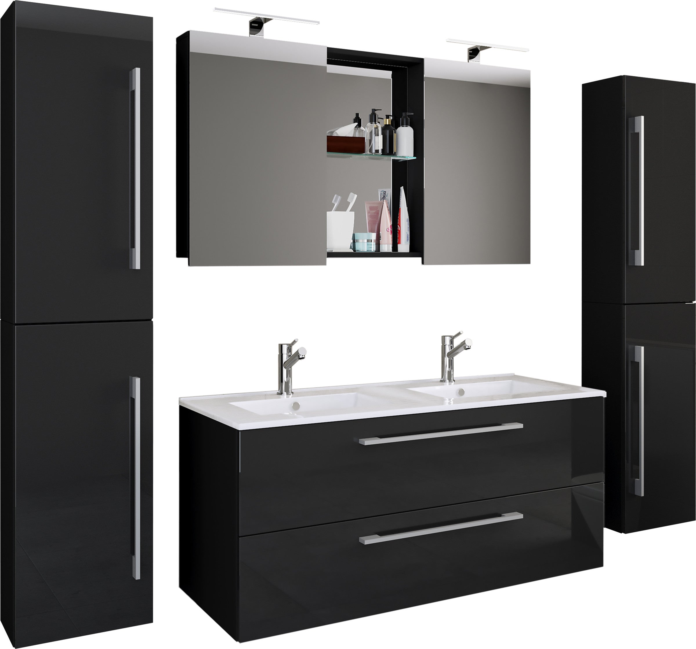 5-osainen Pesuallassetti Budasi Peilikaapilla Ja 2 Korkealla Kaapilla, musta