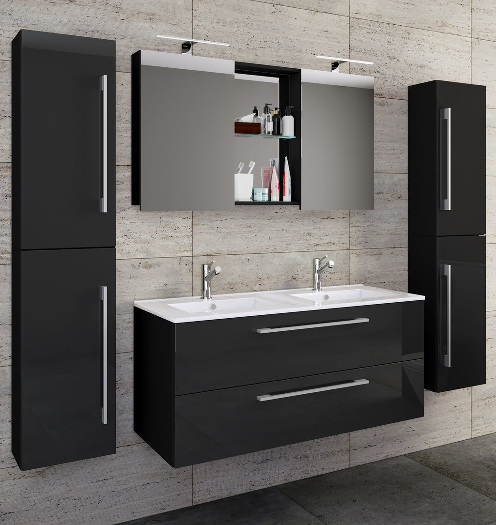 5-osainen Pesuallassetti Budasi Peilikaapilla Ja 2 Korkealla Kaapilla, musta