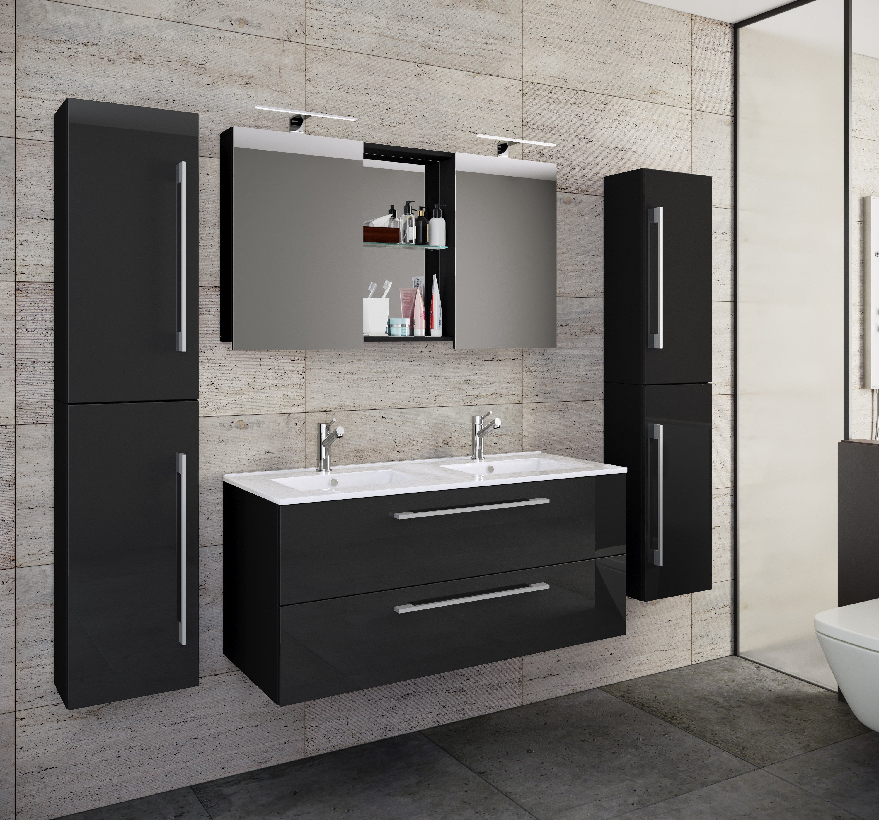 5-osainen Pesuallassetti Budasi Peilikaapilla Ja 2 Korkealla Kaapilla, musta