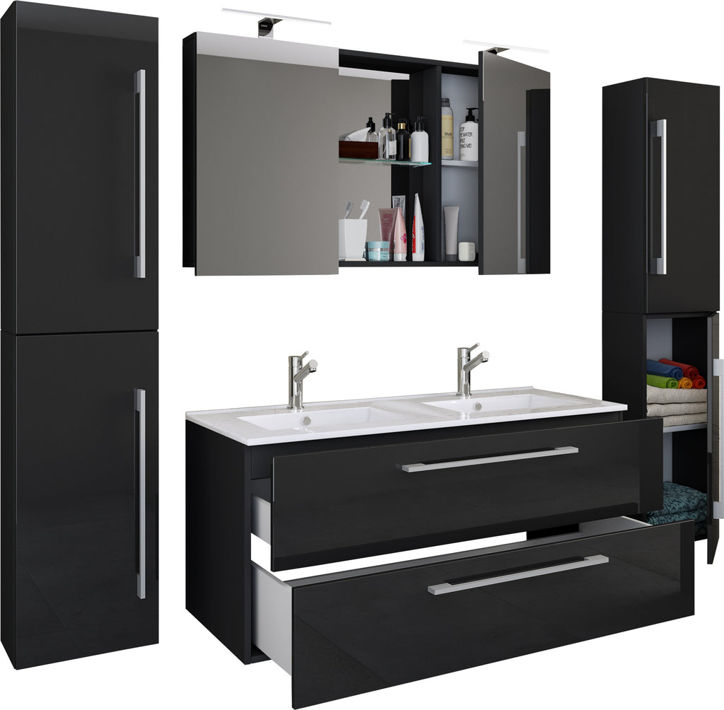 5-osainen Pesuallassetti Budasi Peilikaapilla Ja 2 Korkealla Kaapilla, musta
