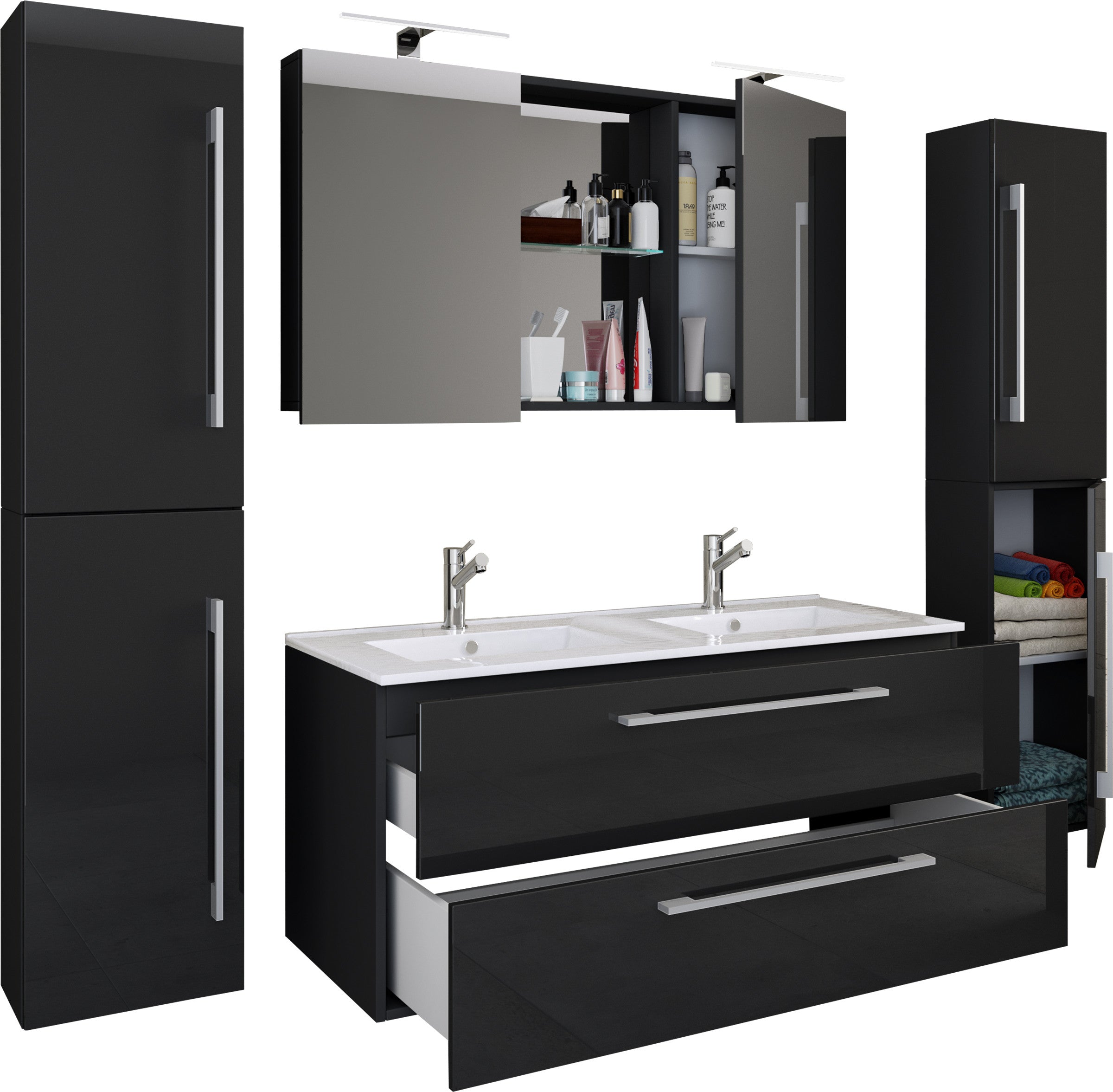 5-osainen Pesuallassetti Budasi Peilikaapilla Ja 2 Korkealla Kaapilla, musta