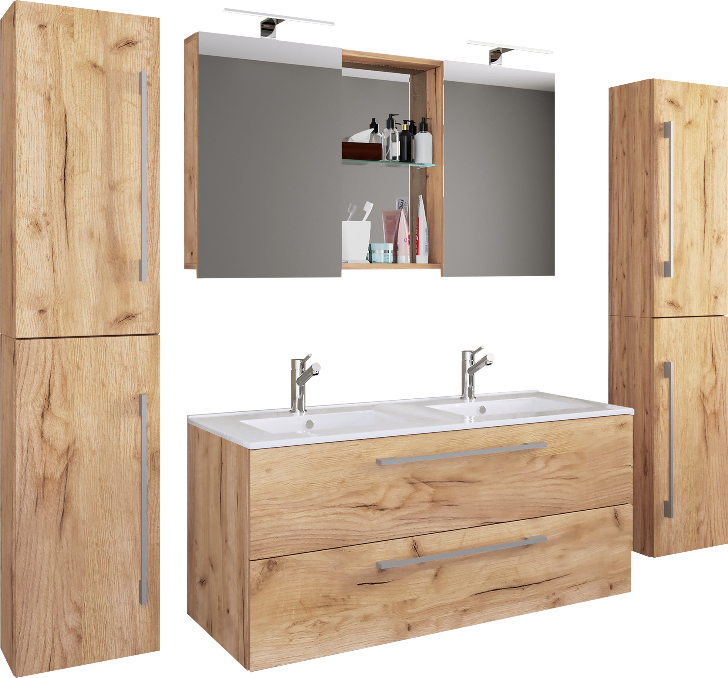 5-osainen Pesuallassetti Budasi Peilikaapilla Ja 2 Korkealla Kaapilla, puu