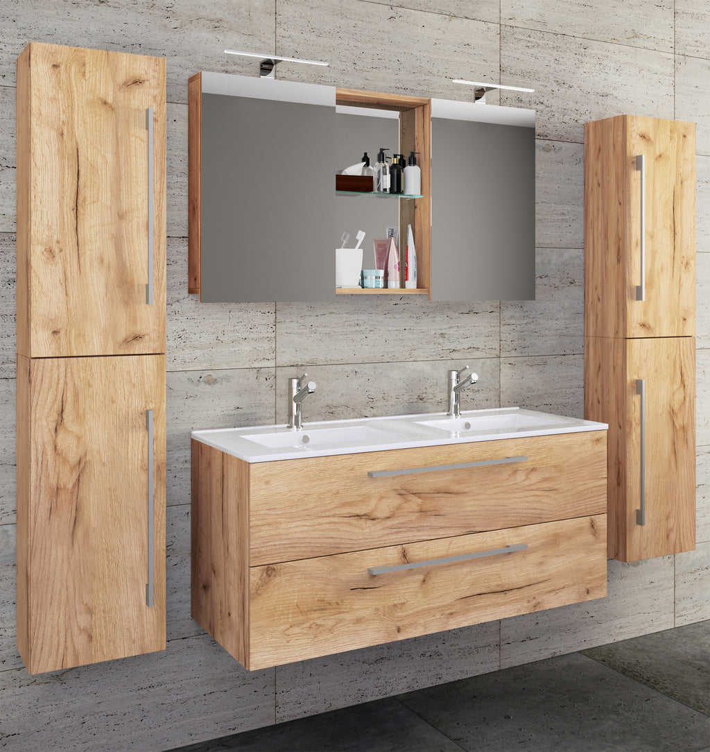 5-osainen Pesuallassetti Budasi Peilikaapilla Ja 2 Korkealla Kaapilla, puu