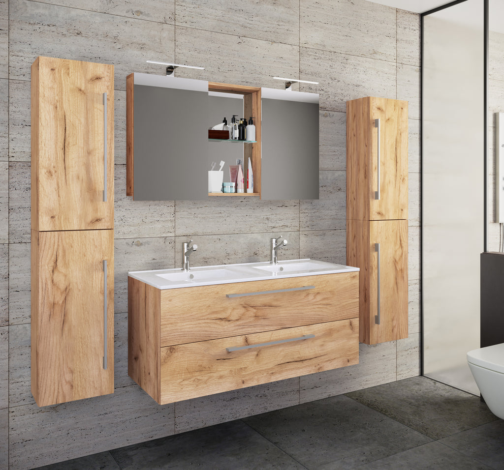 5-osainen Pesuallassetti Budasi Peilikaapilla Ja 2 Korkealla Kaapilla, puu