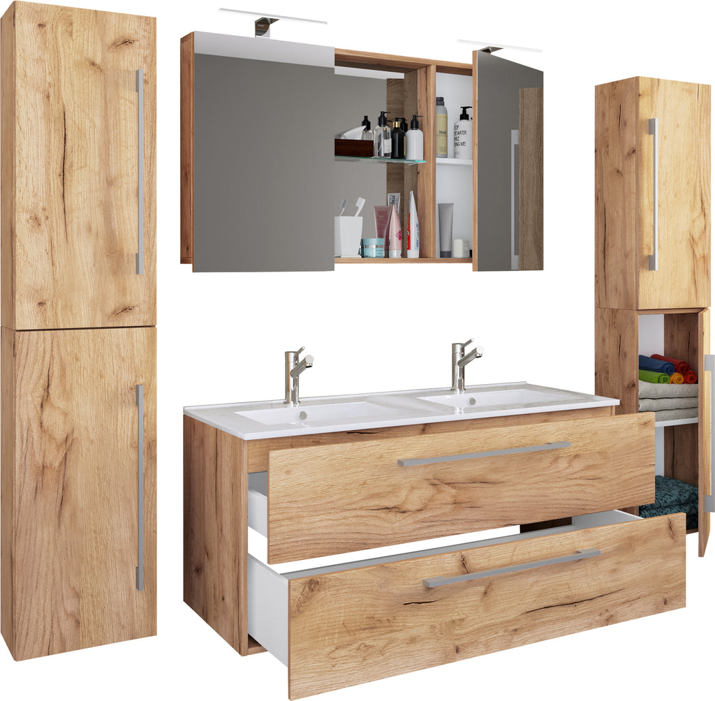 5-osainen Pesuallassetti Budasi Peilikaapilla Ja 2 Korkealla Kaapilla, puu