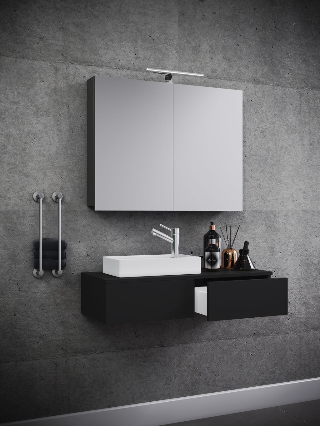 3-osainen Pesuallassetti Gudas Peilikaapilla, harmaa